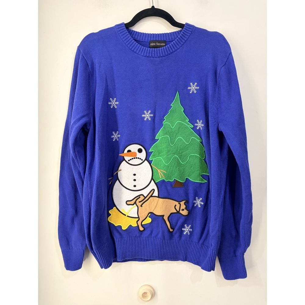 Alex Stevens Ugly Christmas Sweater L Blue Snowman Dog Peeing Tree 100% Cotton